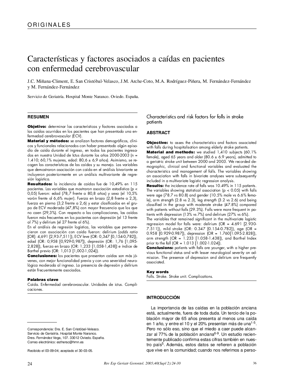 CaracterÃ­sticas y factores asociados a caÃ­das en pacientes con enfermedad cerebrovascular