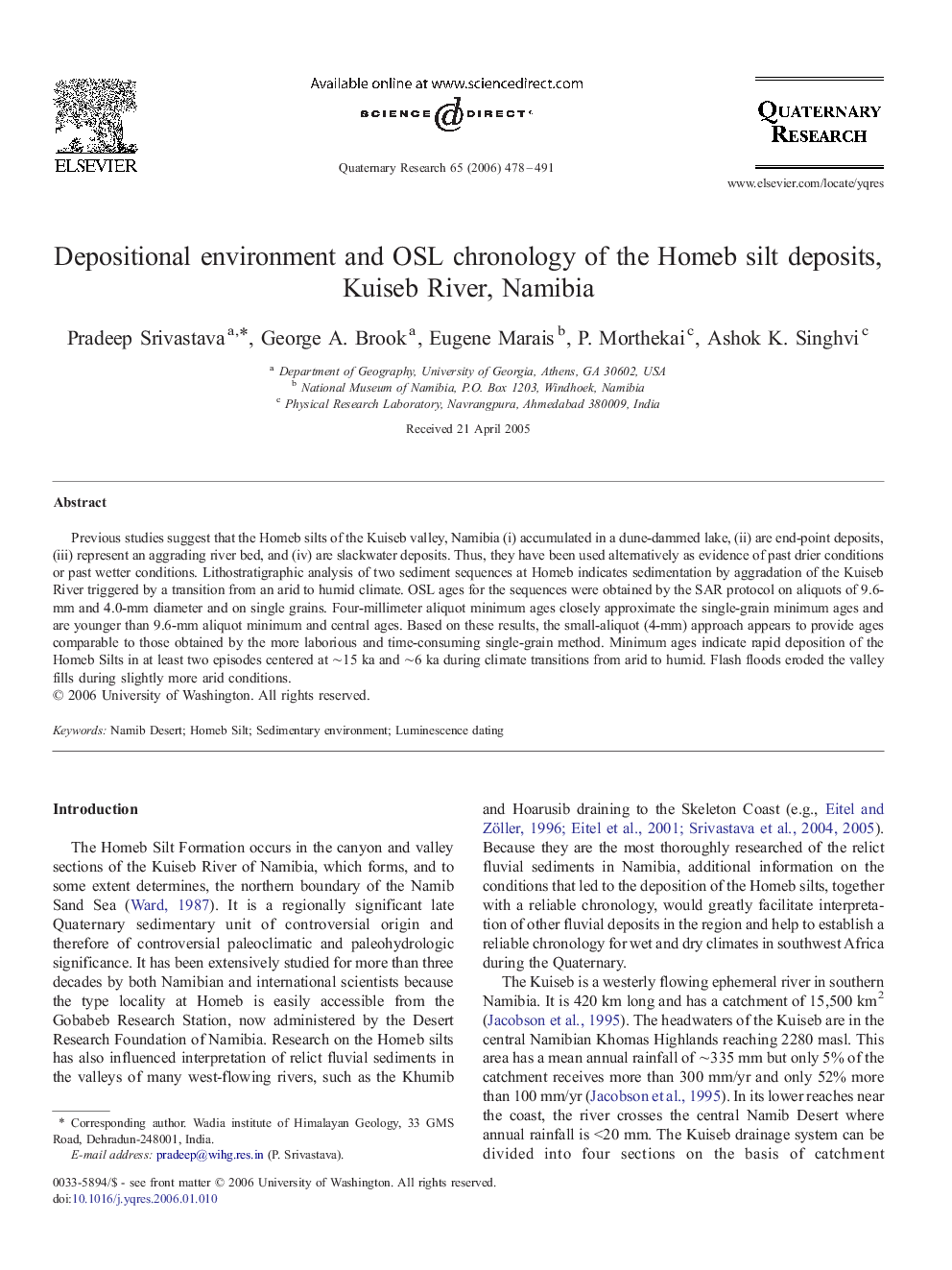 Depositional environment and OSL chronology of the Homeb silt deposits, Kuiseb River, Namibia