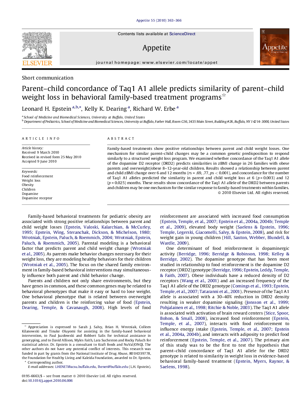 Parent-child concordance of Taq1 A1 allele predicts similarity of parent-child weight loss in behavioral family-based treatment programs