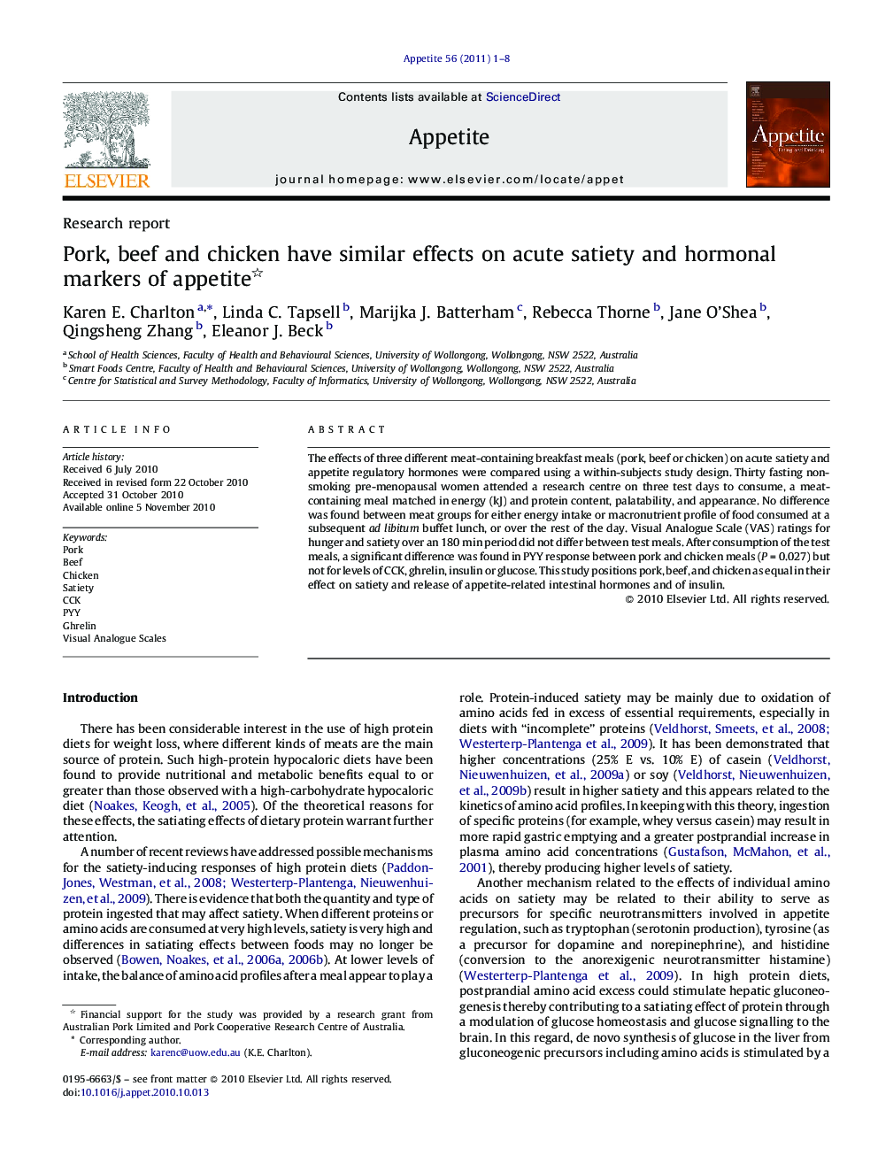 Pork, beef and chicken have similar effects on acute satiety and hormonal markers of appetite