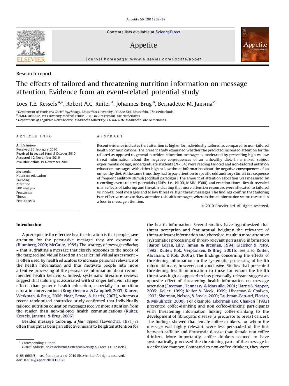 The effects of tailored and threatening nutrition information on message attention. Evidence from an event-related potential study