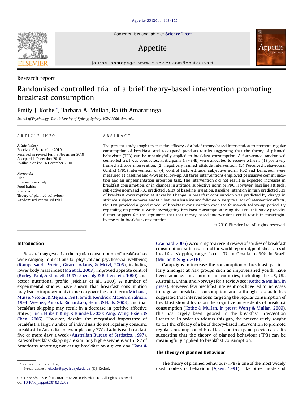 Randomised controlled trial of a brief theory-based intervention promoting breakfast consumption