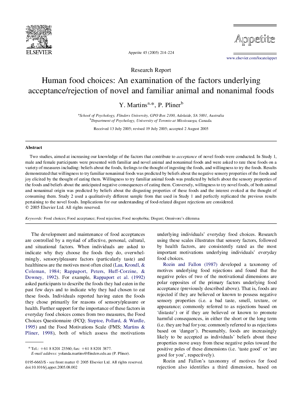 Human food choices: An examination of the factors underlying acceptance/rejection of novel and familiar animal and nonanimal foods