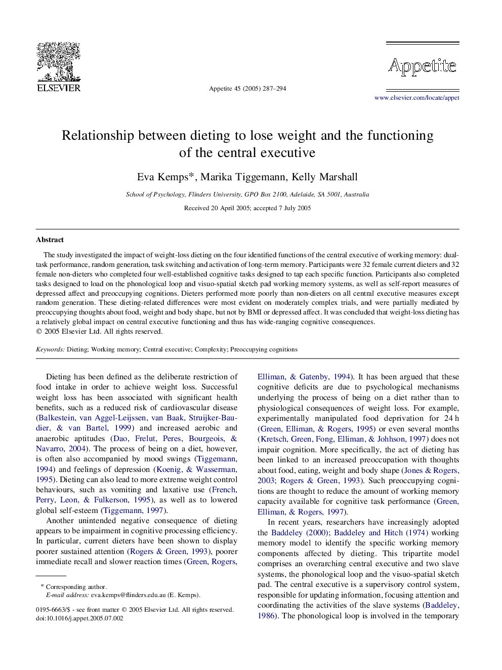 Relationship between dieting to lose weight and the functioning of the central executive