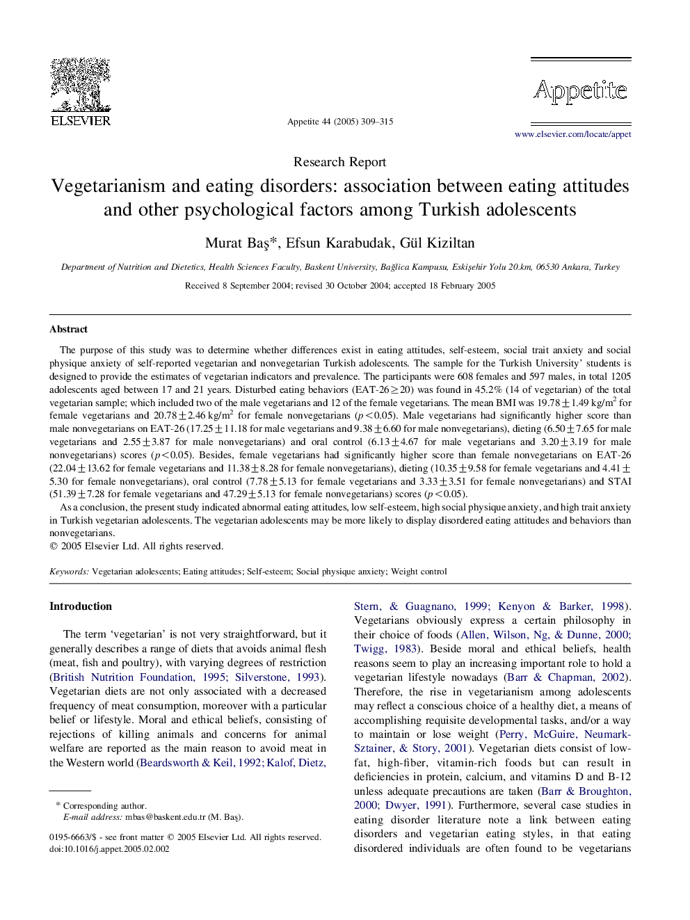 Vegetarianism and eating disorders: association between eating attitudes and other psychological factors among Turkish adolescents