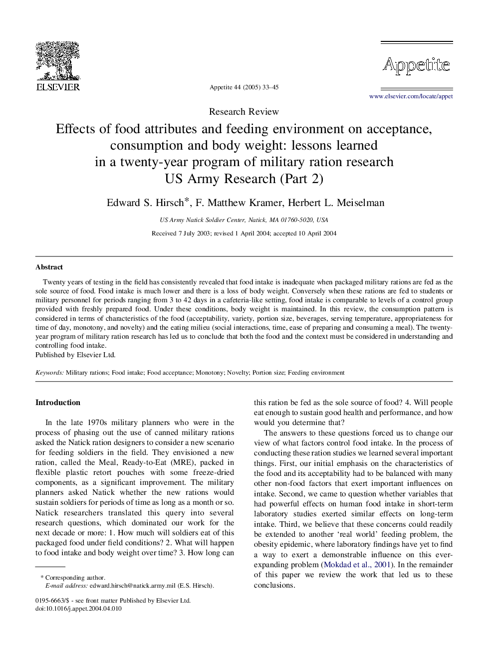 Effects of food attributes and feeding environment on acceptance, consumption and body weight: lessons learned in a twenty-year program of military ration research