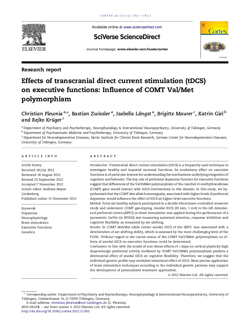 Effects of transcranial direct current stimulation (tDCS) on executive functions: Influence of COMT Val/Met polymorphism