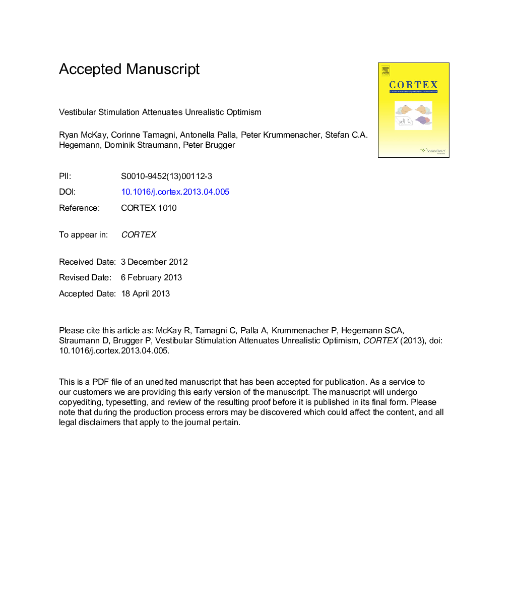 Vestibular stimulation attenuates unrealistic optimism