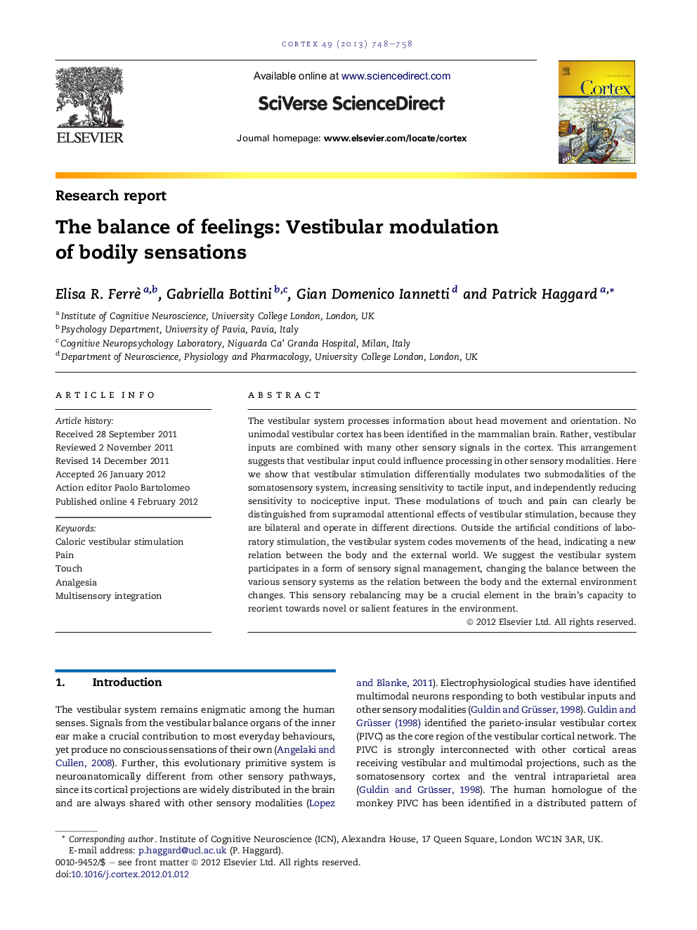 The balance of feelings: Vestibular modulation of bodily sensations