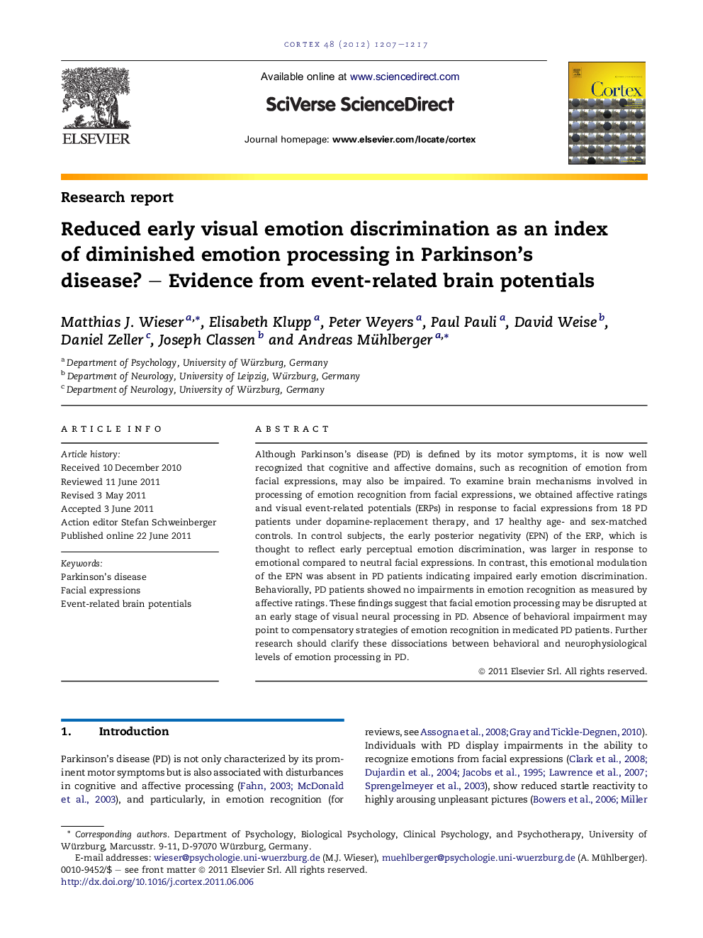 Reduced early visual emotion discrimination as an index of diminished emotion processing in Parkinson's disease? - Evidence from event-related brain potentials