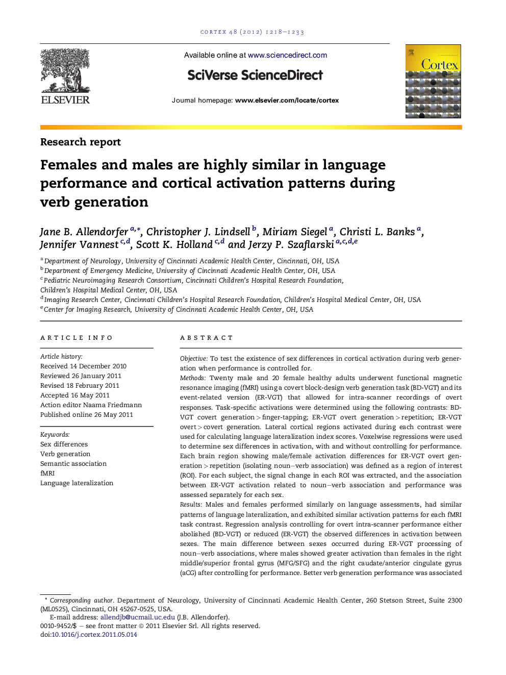 Females and males are highly similar in language performance and cortical activation patterns during verb generation