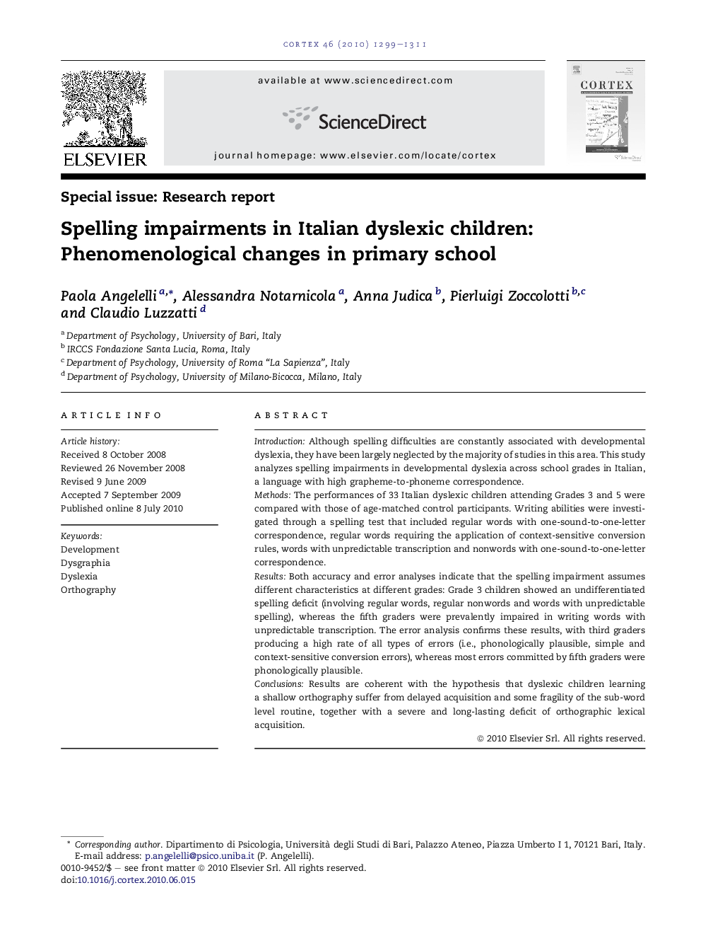 Spelling impairments in Italian dyslexic children: Phenomenological changes in primary school