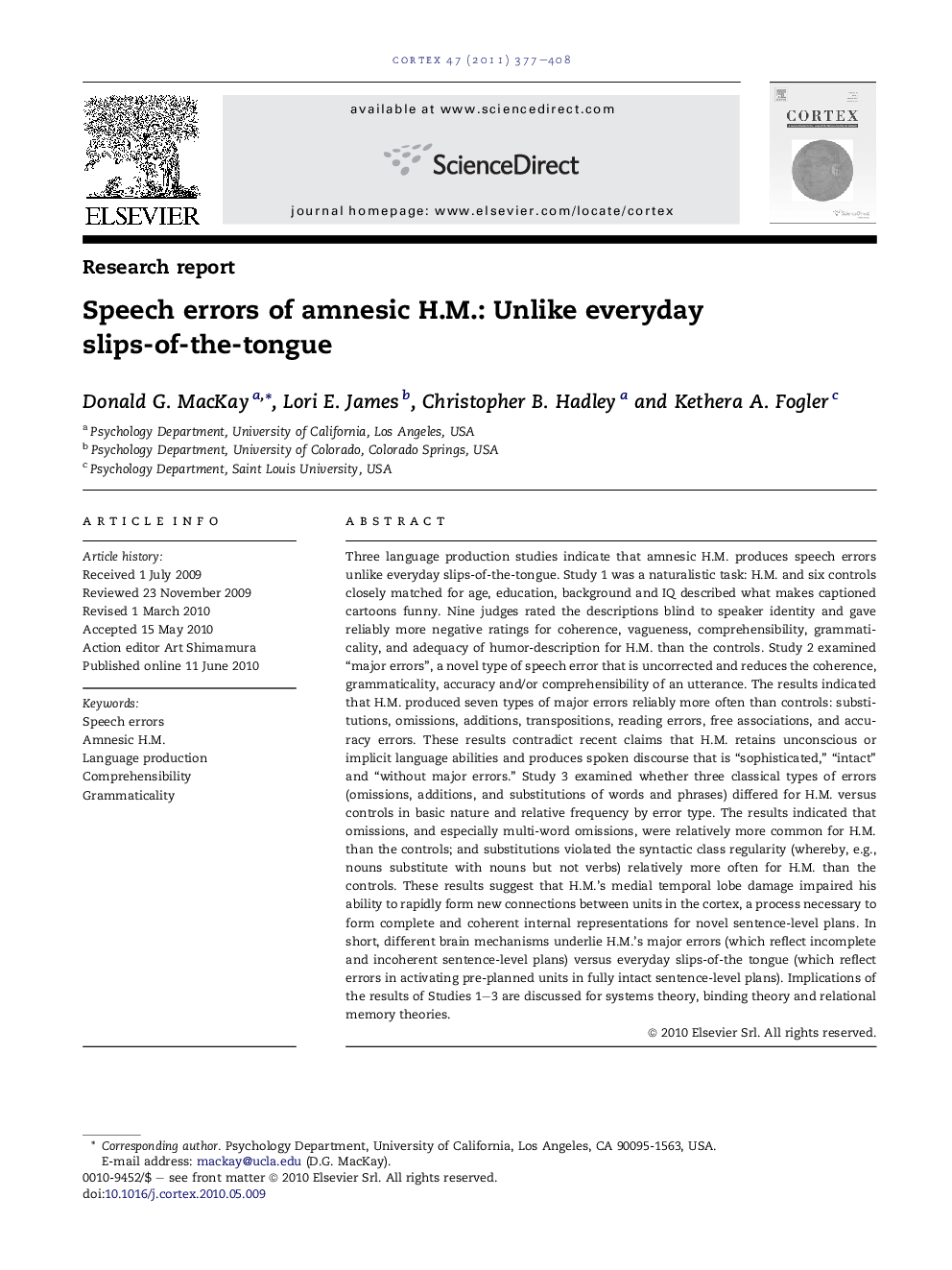 Speech errors of amnesic H.M.: Unlike everyday slips-of-the-tongue