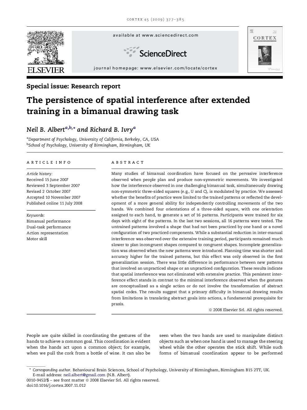 The persistence of spatial interference after extended training in a bimanual drawing task