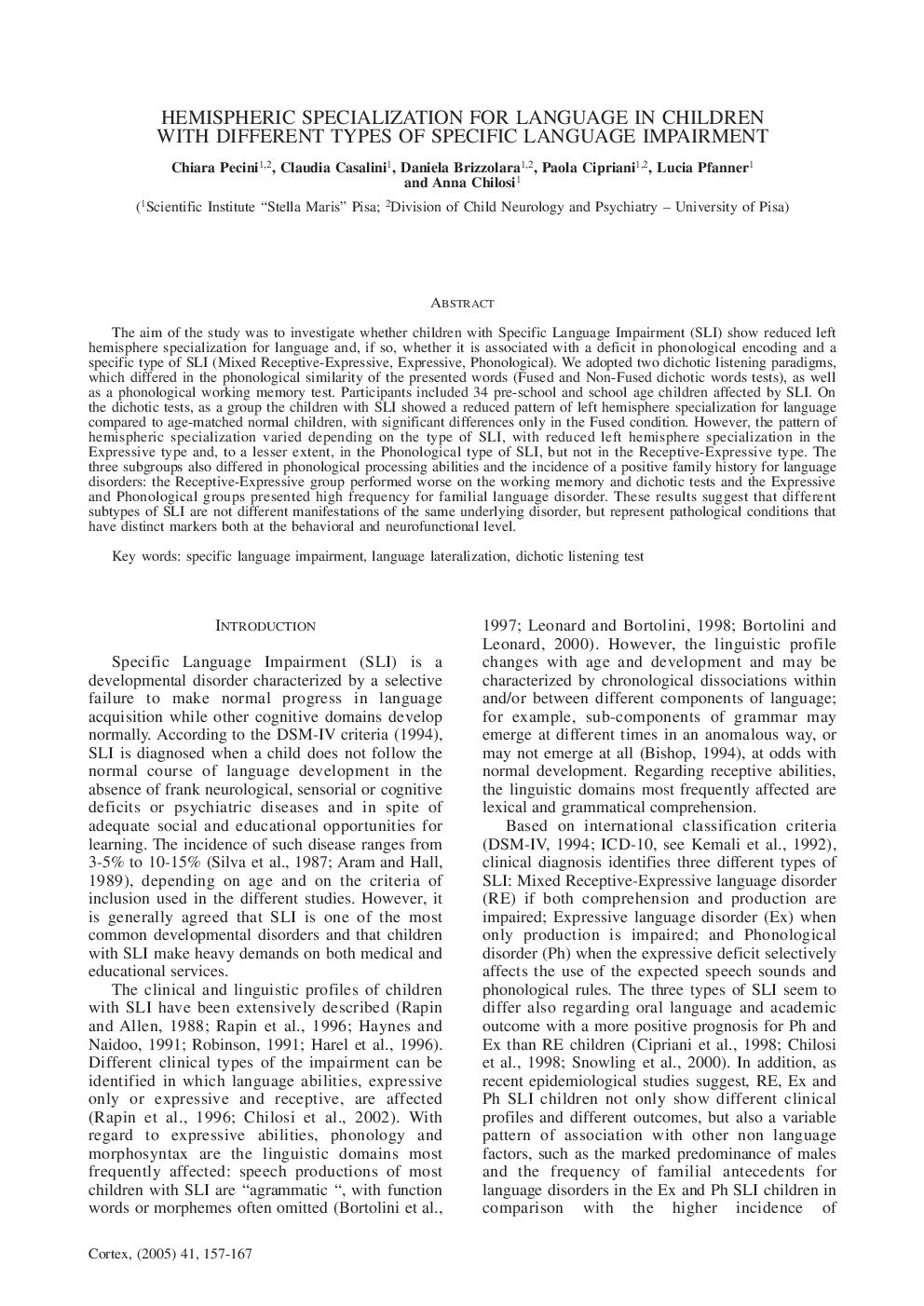 Hemispheric Specialization for Language in Children with Different Types of Specific Language Impairment