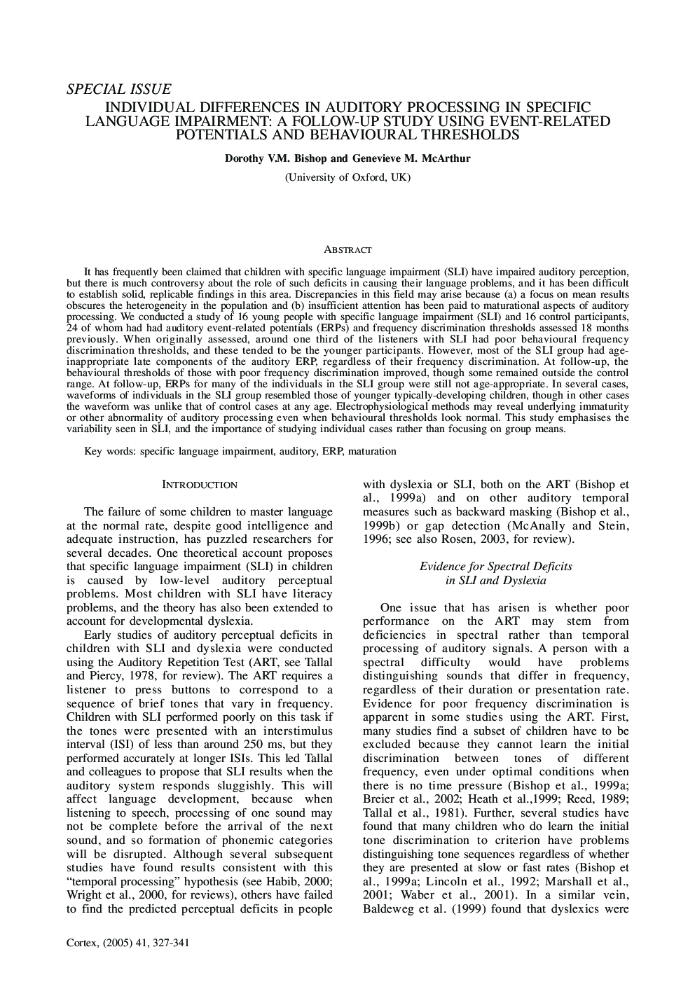 Individual Differences in Auditory Processing in Specific Language Impairment: A Follow-Up Study using Event-Related Potentials and Behavioural Thresholds