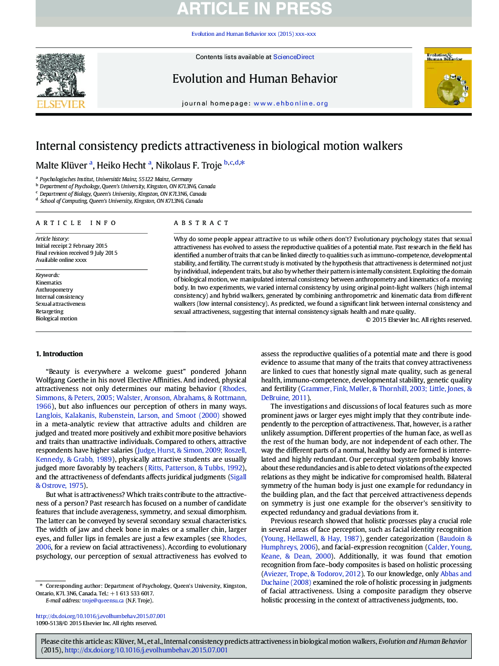 Internal consistency predicts attractiveness in biological motion walkers