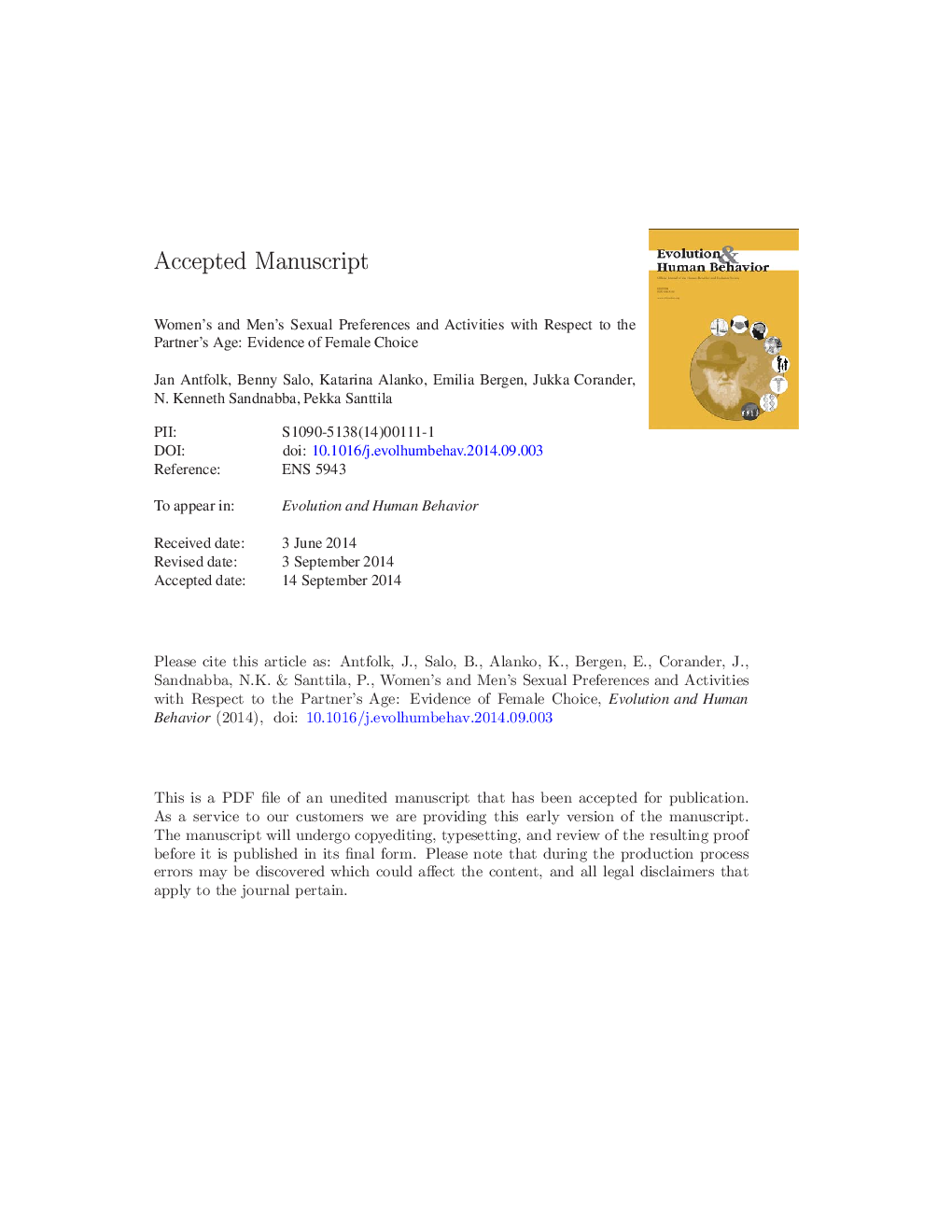 Women's and men's sexual preferences and activities with respect to the partner's age: evidence for female choice