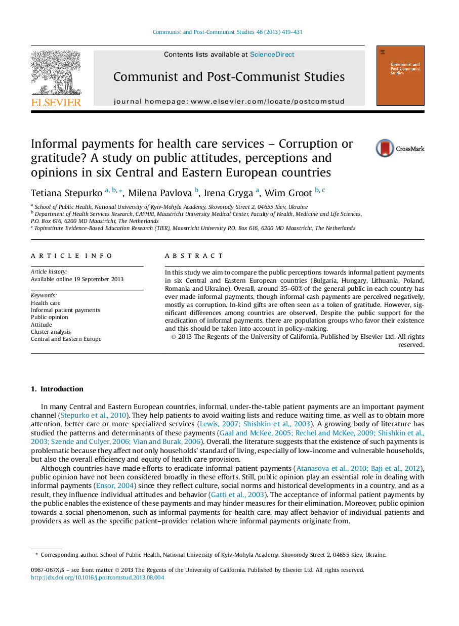 Informal payments for health care services – Corruption or gratitude? A study on public attitudes, perceptions and opinions in six Central and Eastern European countries