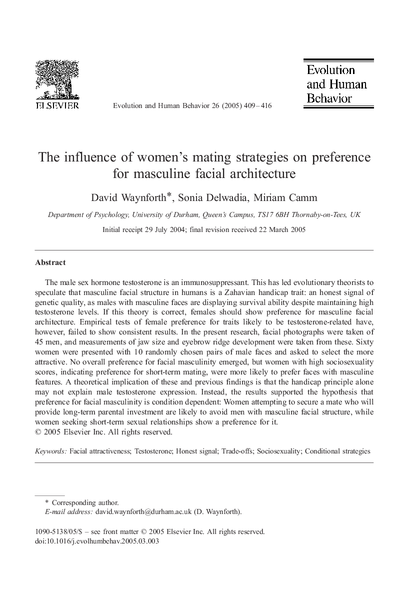 The influence of women's mating strategies on preference for masculine facial architecture