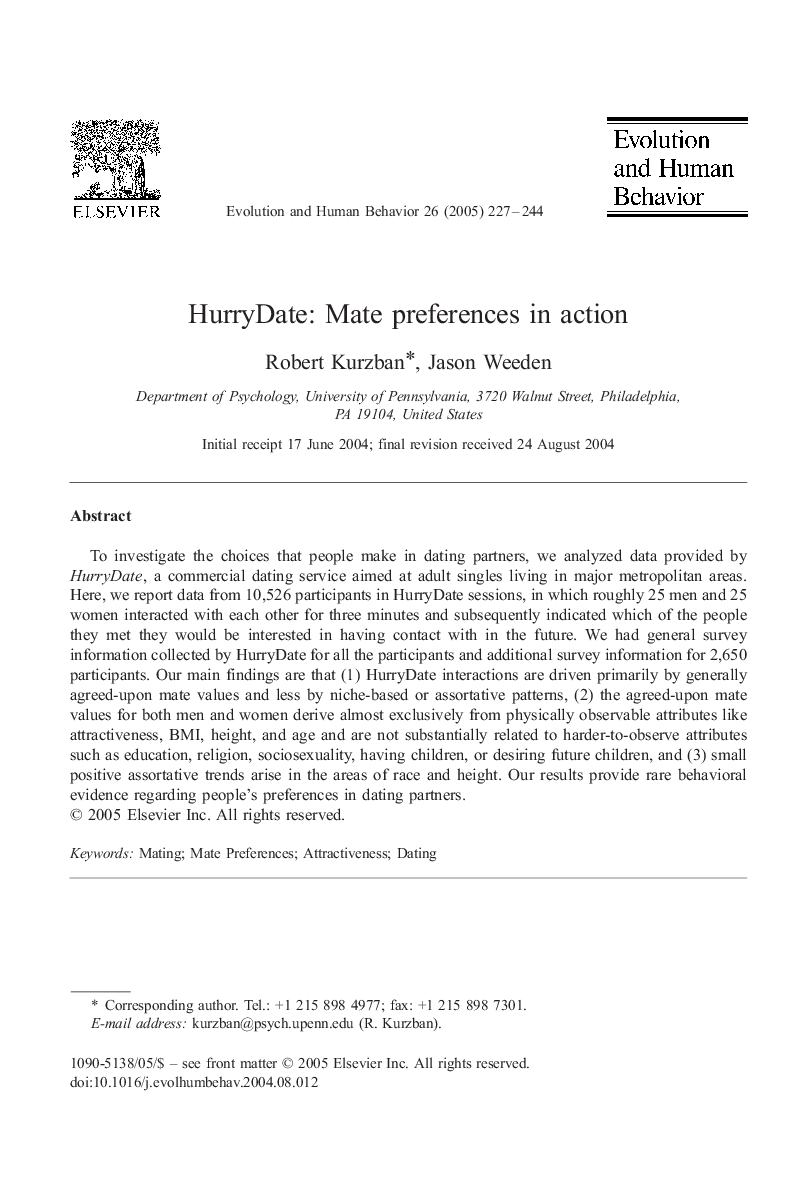 HurryDate: Mate preferences in action