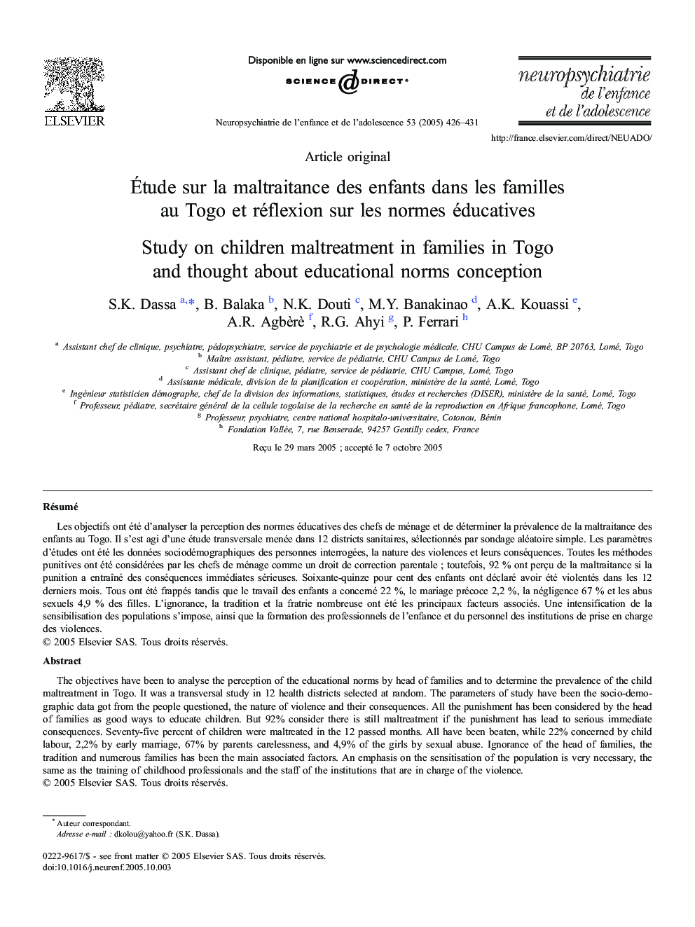 Ãtude surÂ laÂ maltraitance desÂ enfants dansÂ lesÂ familles auÂ Togo etÂ réflexion surÂ lesÂ normes éducatives