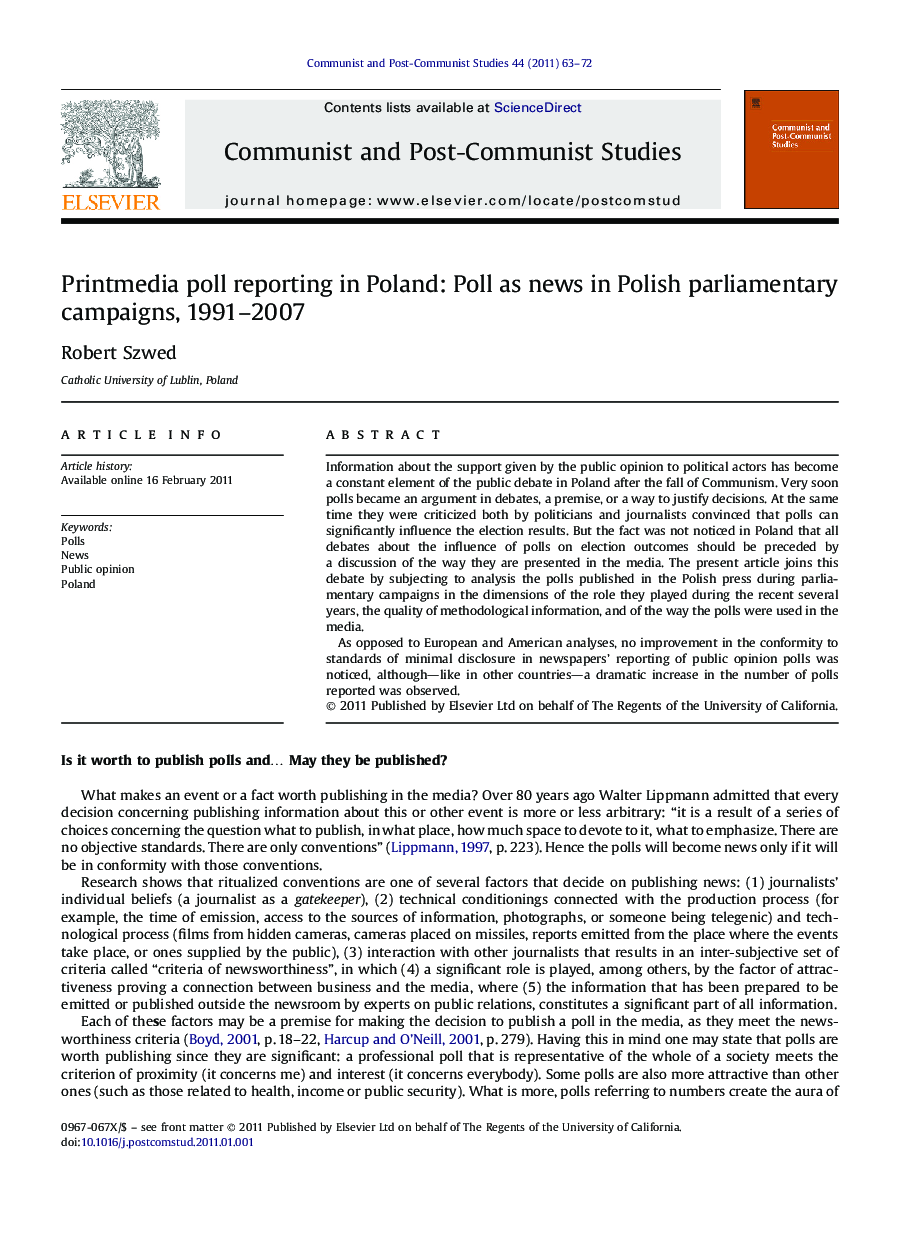 Printmedia poll reporting in Poland: Poll as news in Polish parliamentary campaigns, 1991–2007