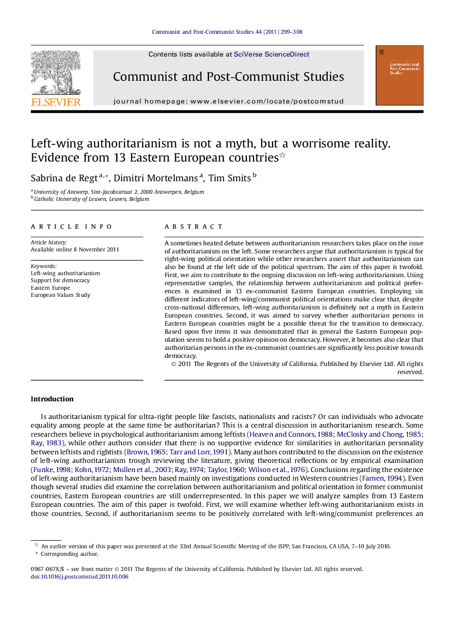 عکس صفحه اول مقاله: Left-wing authoritarianism is not a myth, but a worrisome reality. Evidence from 13 Eastern European countries Left-wing authoritarianism is not a myth, but a worrisome reality. Evidence from 13 Eastern European countries