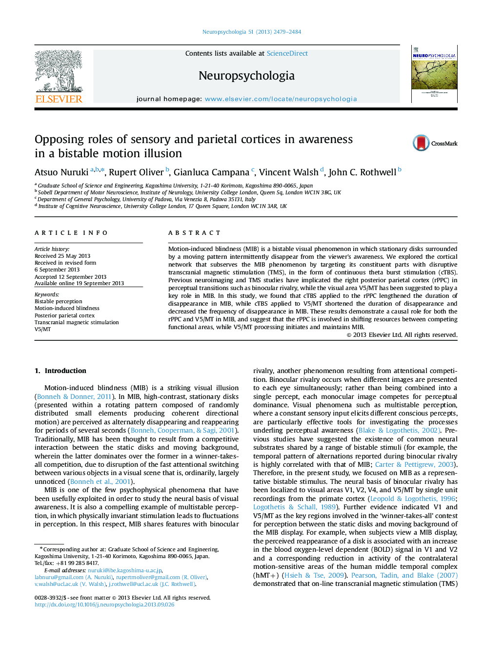 Opposing roles of sensory and parietal cortices in awareness in a bistable motion illusion