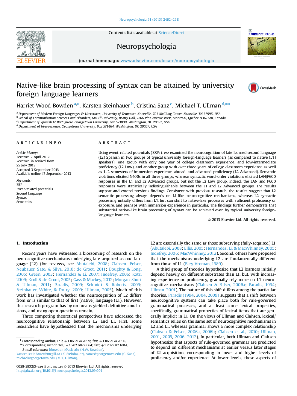 Native-like brain processing of syntax can be attained by university foreign language learners