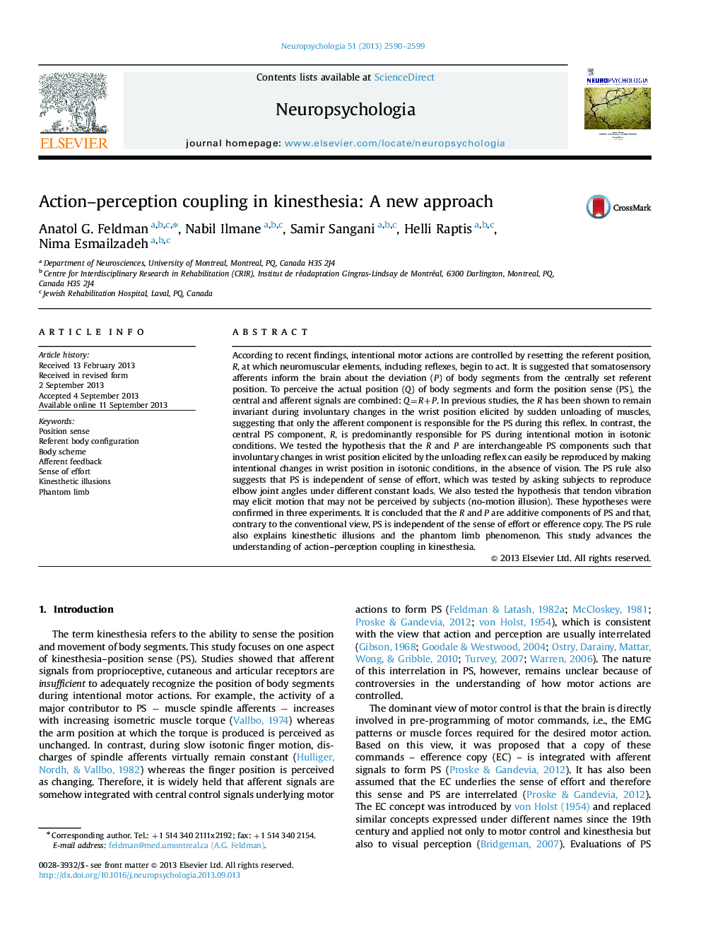 Action-perception coupling in kinesthesia: A new approach