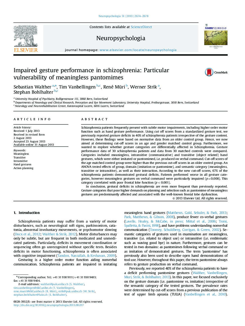 Impaired gesture performance in schizophrenia: Particular vulnerability of meaningless pantomimes