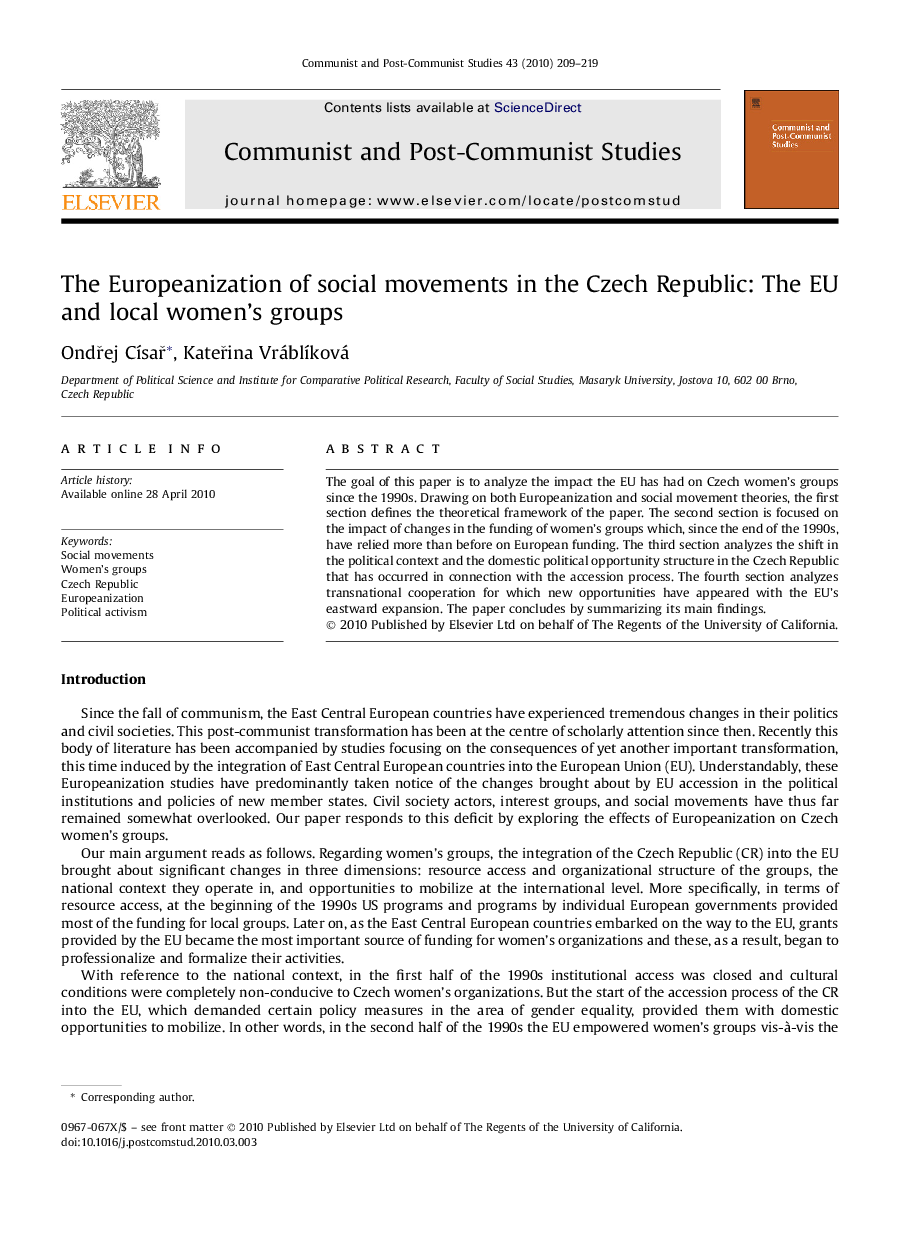 The Europeanization of social movements in the Czech Republic: The EU and local women’s groups