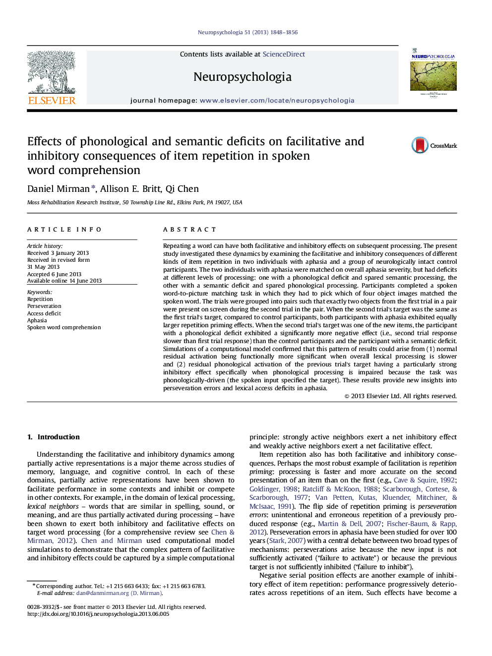 Effects of phonological and semantic deficits on facilitative and inhibitory consequences of item repetition in spoken word comprehension