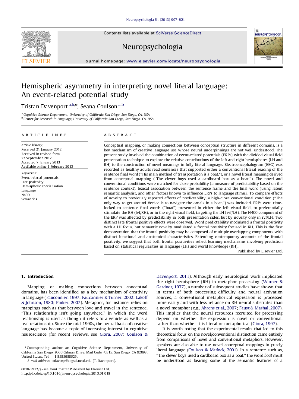 Hemispheric asymmetry in interpreting novel literal language: An event-related potential study