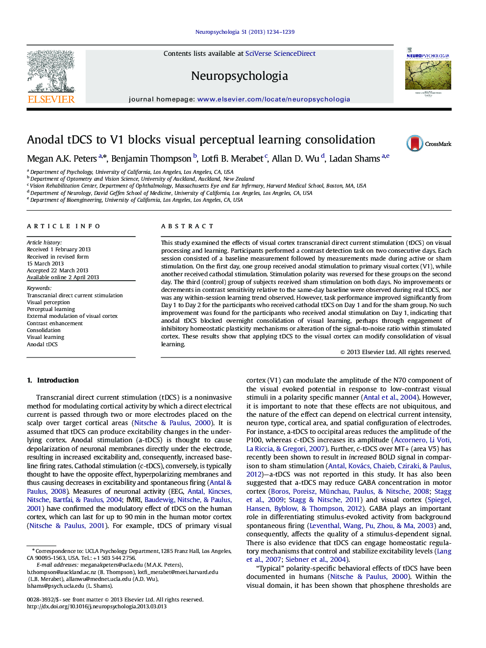 Anodal tDCS to V1 blocks visual perceptual learning consolidation