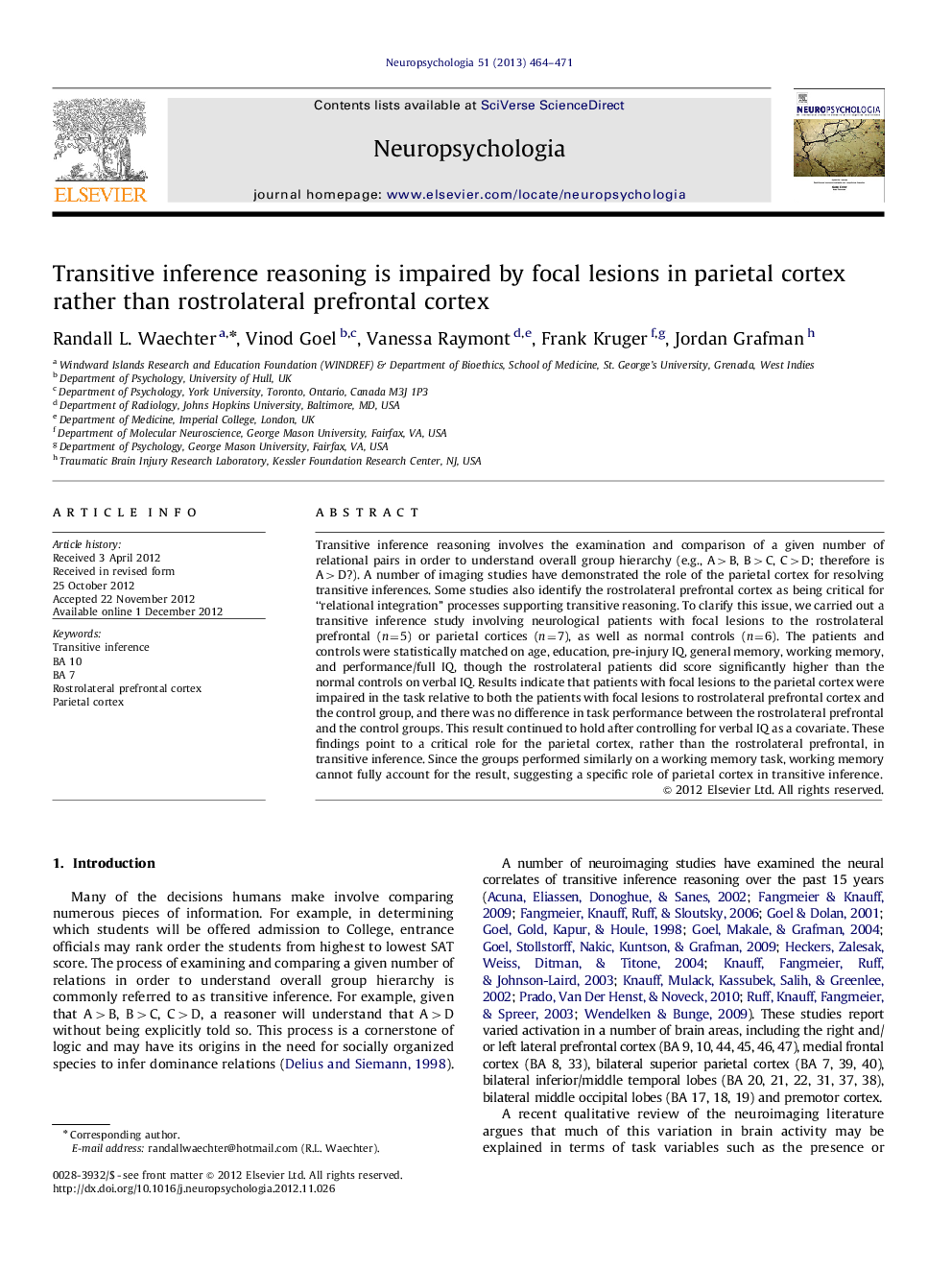 Transitive inference reasoning is impaired by focal lesions in parietal cortex rather than rostrolateral prefrontal cortex