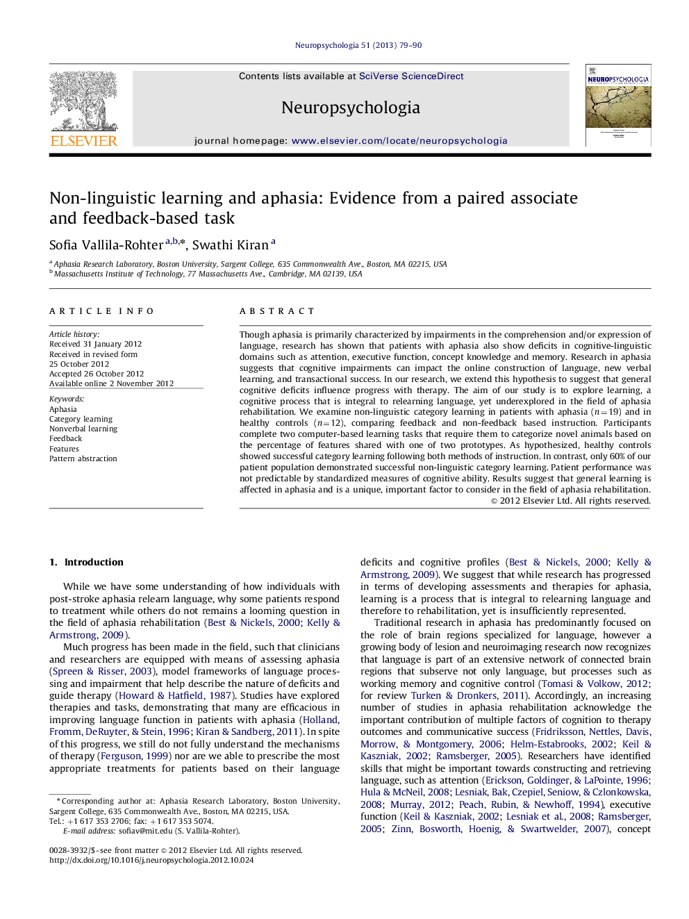 Non-linguistic learning and aphasia: Evidence from a paired associate and feedback-based task