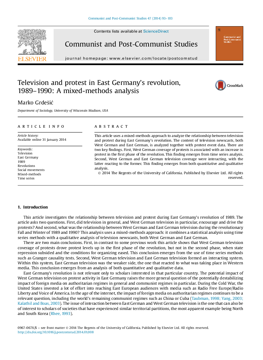 تلویزیون و اعتراض در انقلاب آلمان شرقی، 1989-1990: تجزیه و تحلیل روش های ترکیبی