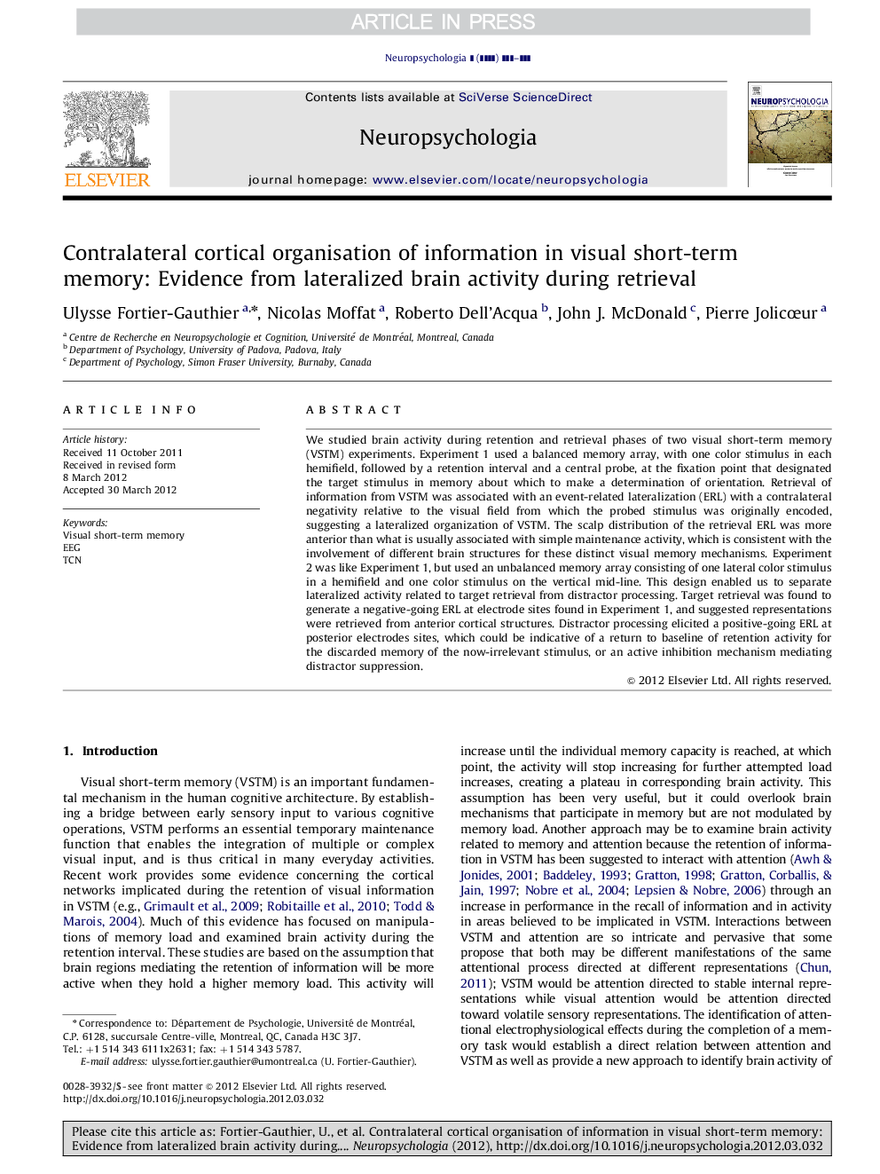 Contralateral cortical organisation of information in visual short-term memory: Evidence from lateralized brain activity during retrieval