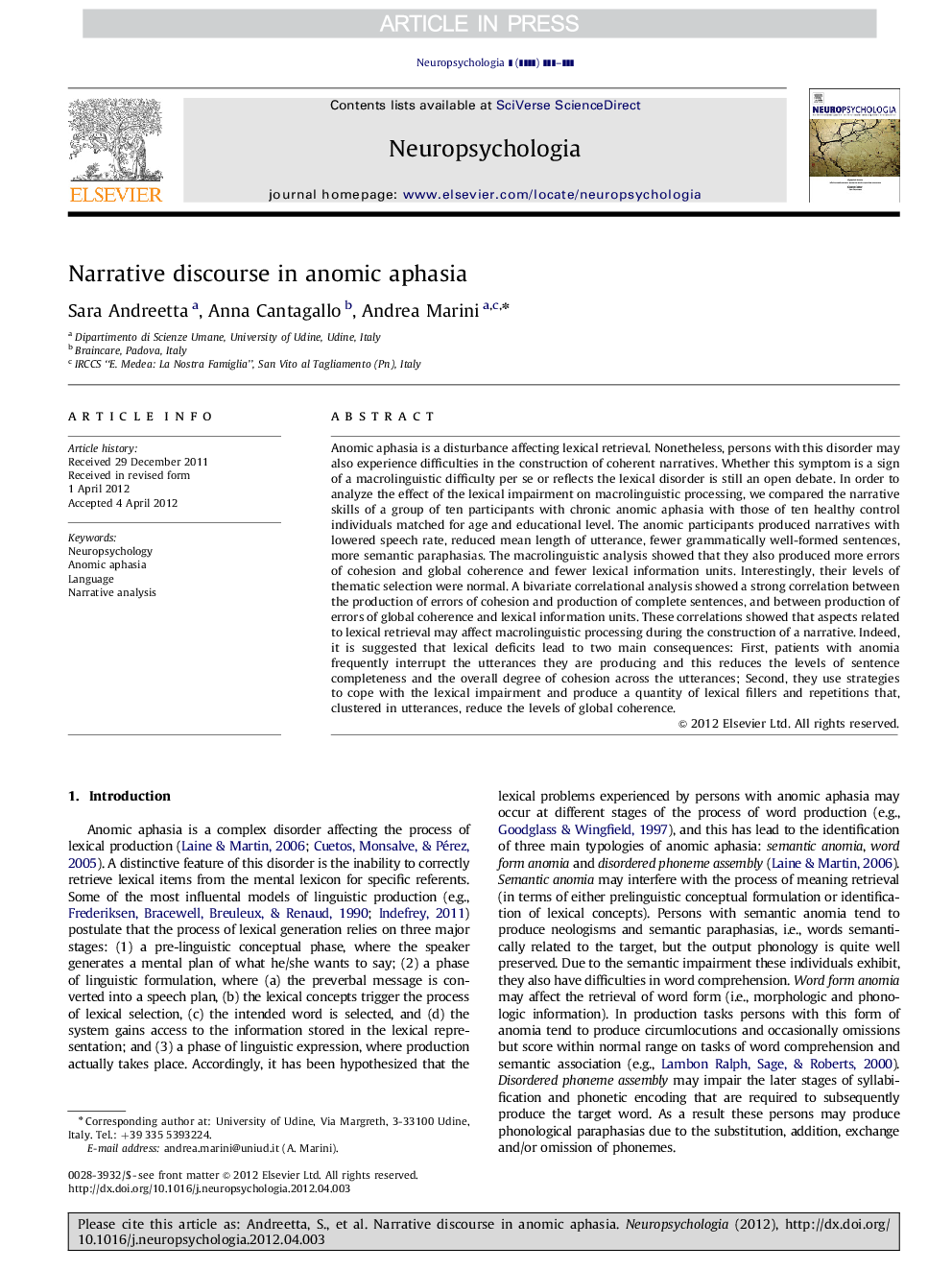 Narrative discourse in anomic aphasia