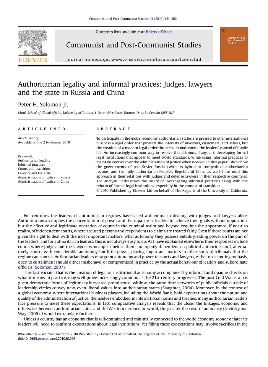 عکس صفحه اول مقاله: Authoritarian legality and informal practices: Judges, lawyers and the state in Russia and China Authoritarian legality and informal practices: Judges, lawyers and the state in Russia and China
