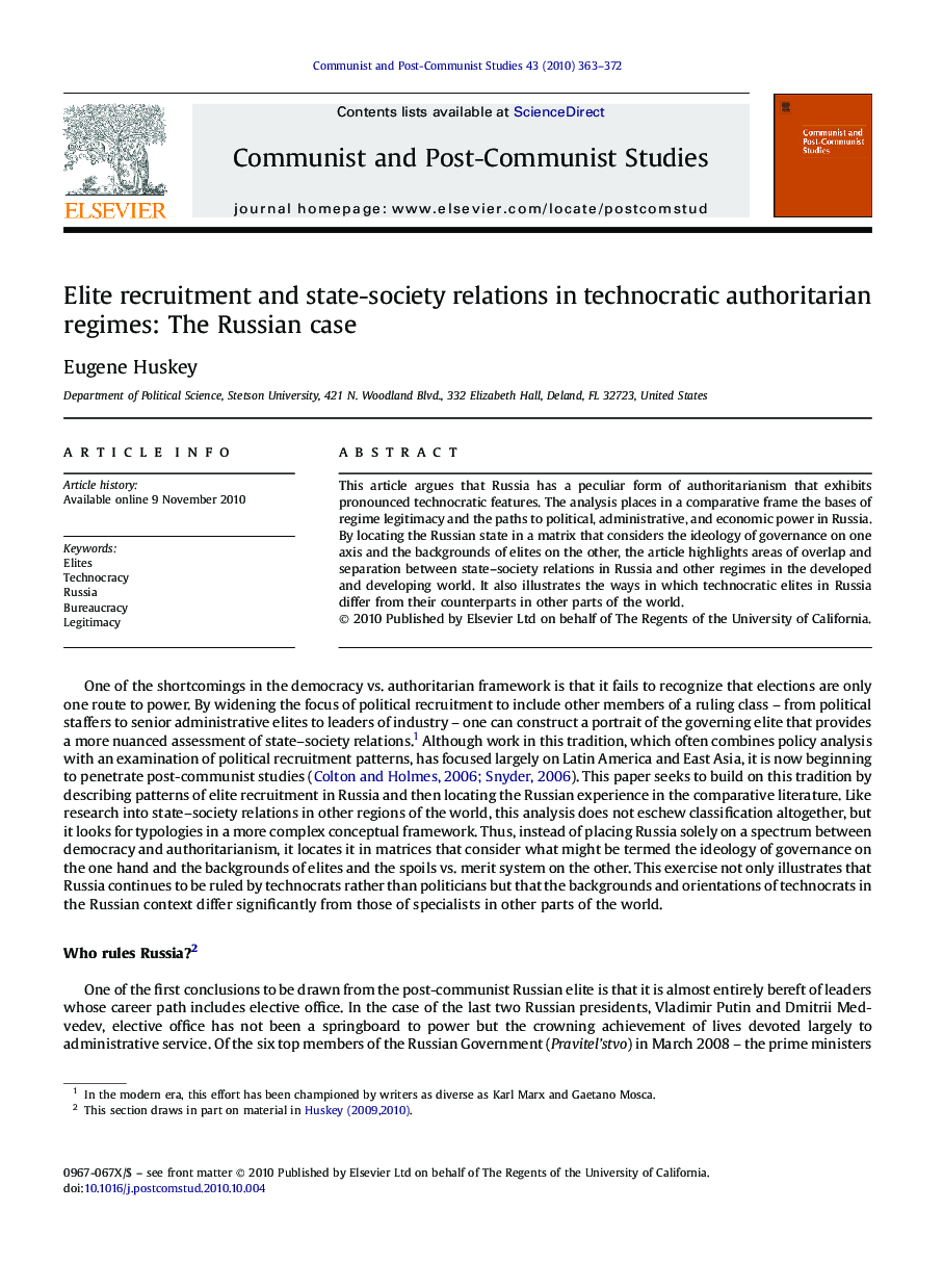 Elite recruitment and state-society relations in technocratic authoritarian regimes: The Russian case