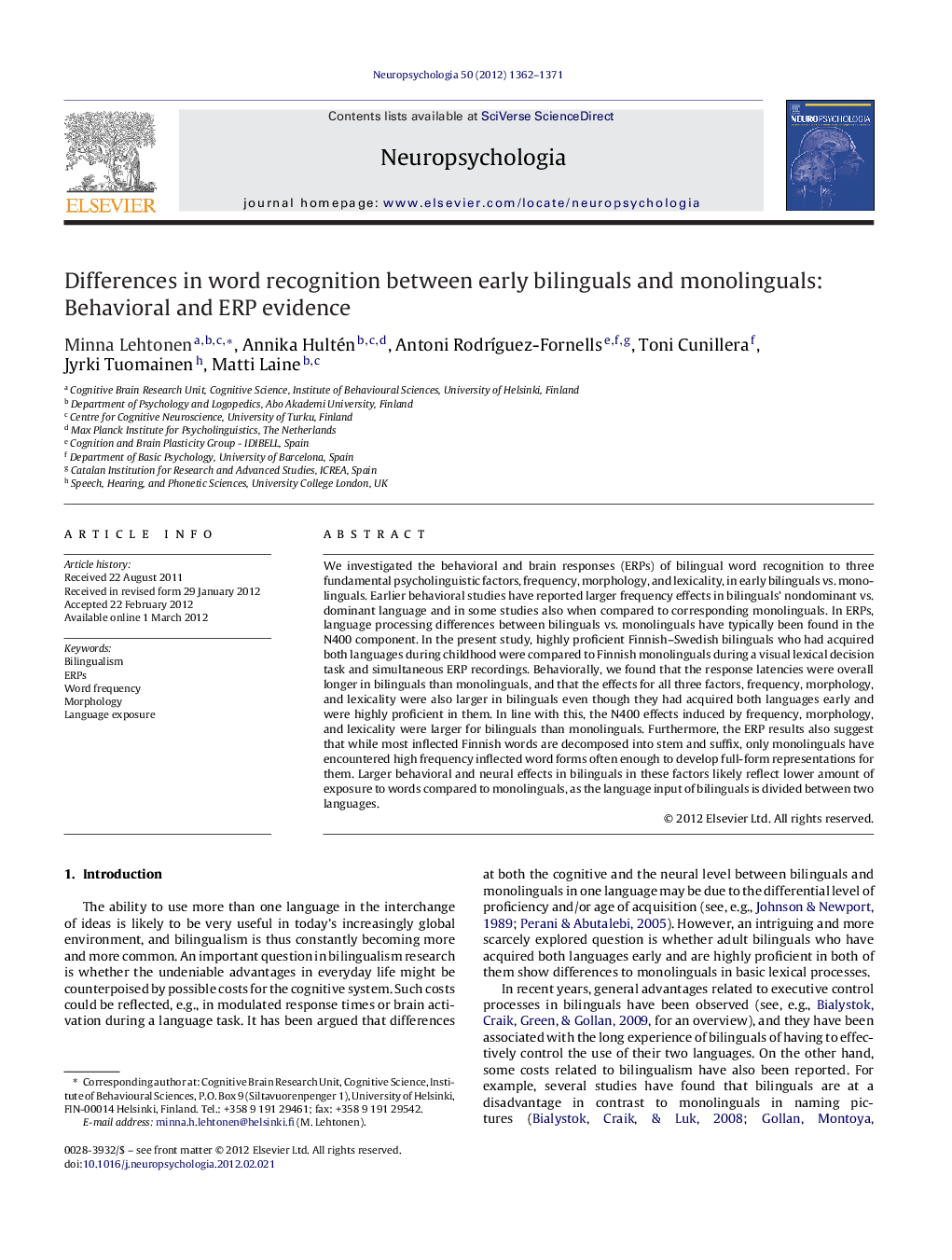 Differences in word recognition between early bilinguals and monolinguals: Behavioral and ERP evidence