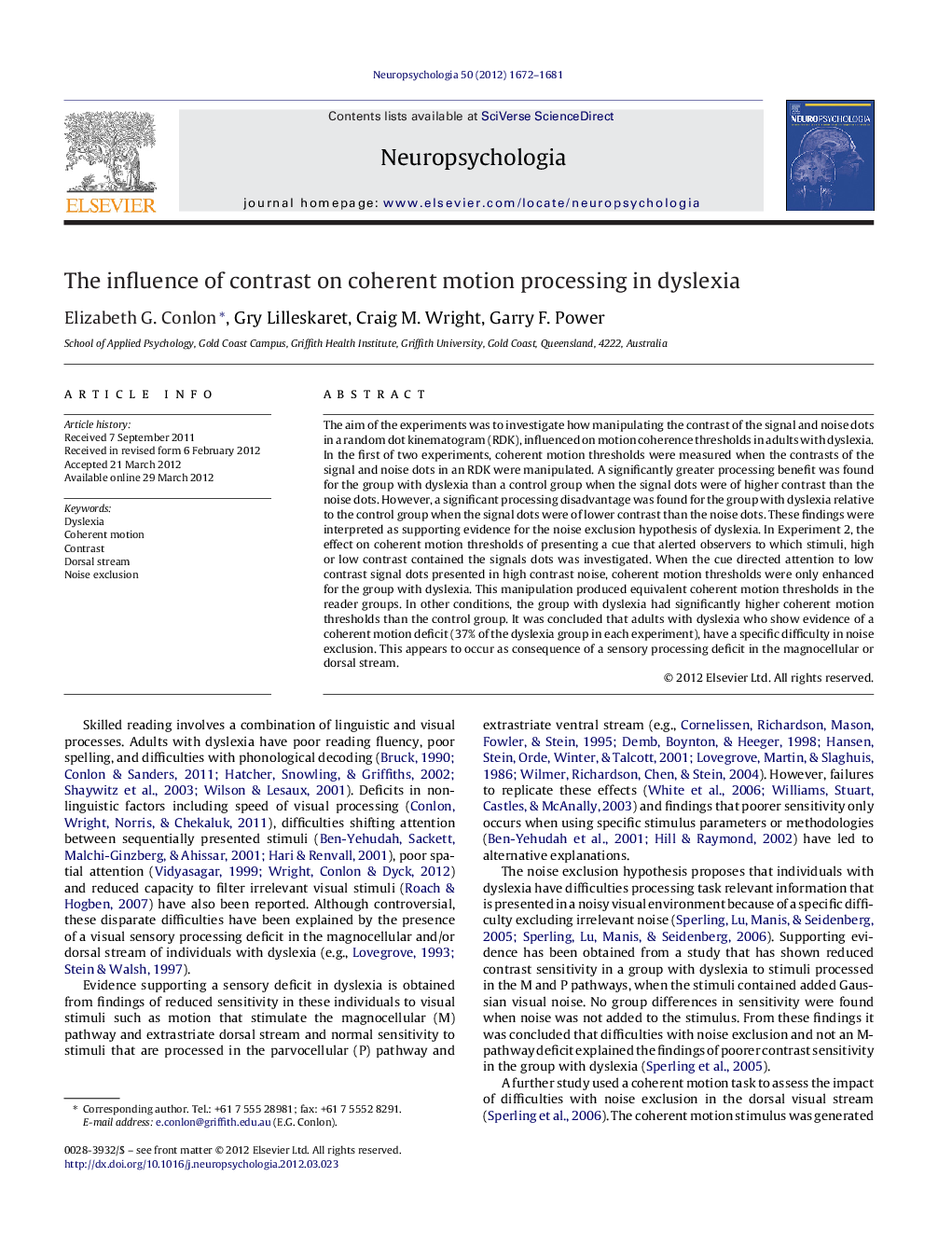 The influence of contrast on coherent motion processing in dyslexia