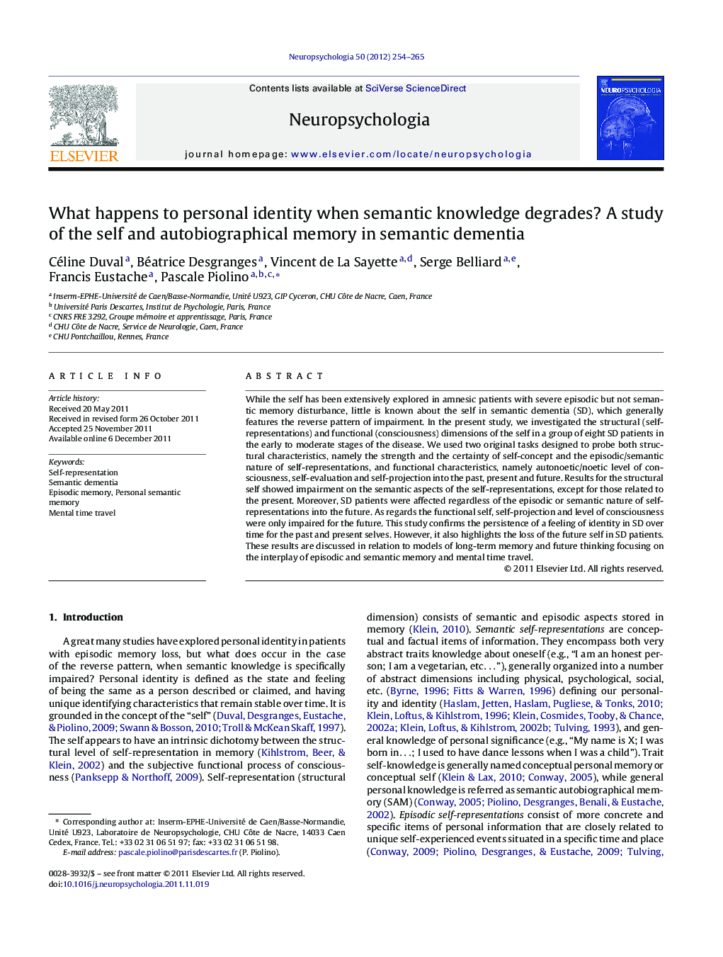 What happens to personal identity when semantic knowledge degrades? A study of the self and autobiographical memory in semantic dementia