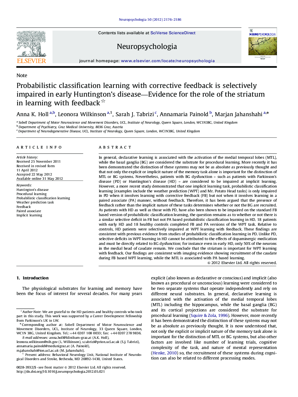 Probabilistic classification learning with corrective feedback is selectively impaired in early Huntington's disease-Evidence for the role of the striatum in learning with feedback