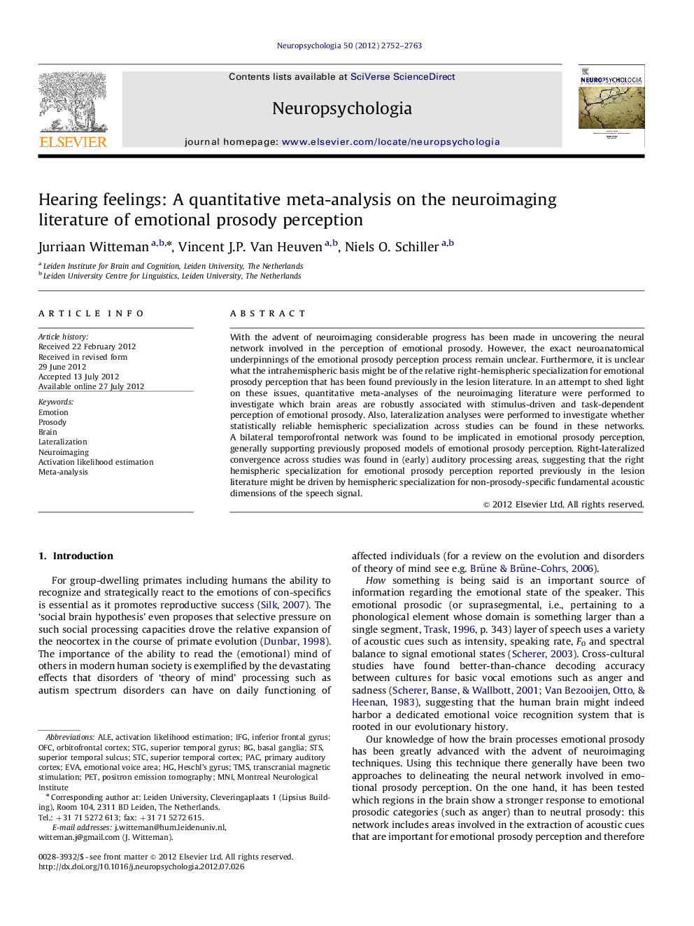 Hearing feelings: A quantitative meta-analysis on the neuroimaging literature of emotional prosody perception