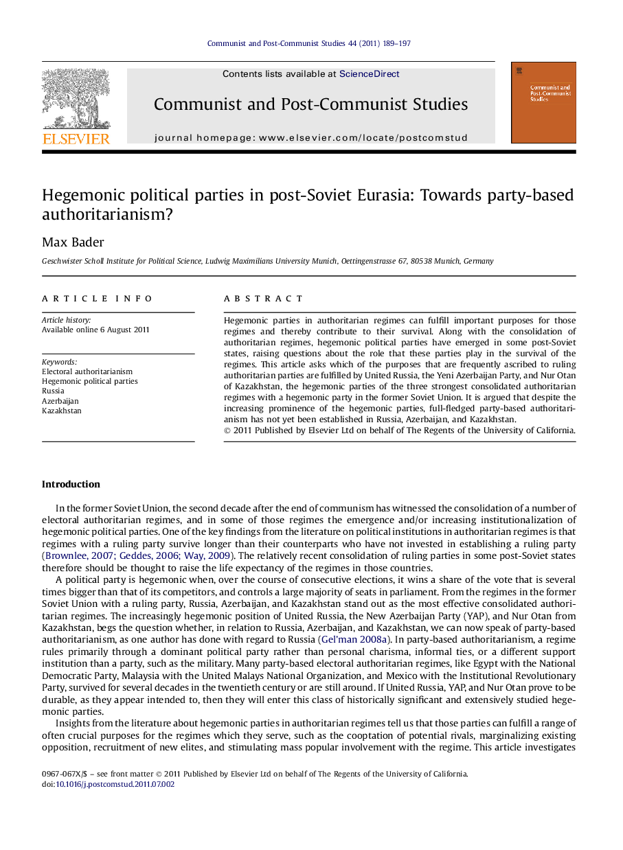 Hegemonic political parties in post-Soviet Eurasia: Towards party-based authoritarianism?