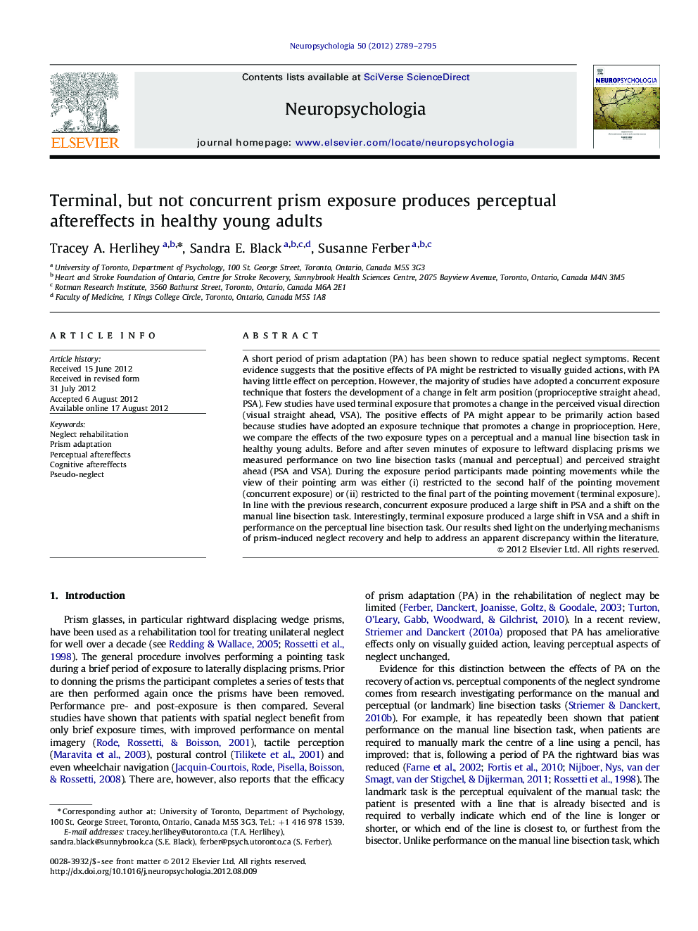 Terminal, but not concurrent prism exposure produces perceptual aftereffects in healthy young adults